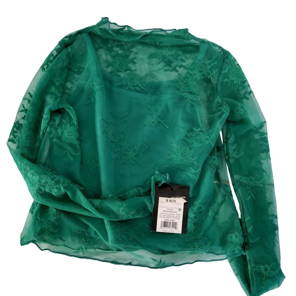Art Class Green Floral Lace Long Sleeve Comfortable cotton lining Top Sz S (6/7)